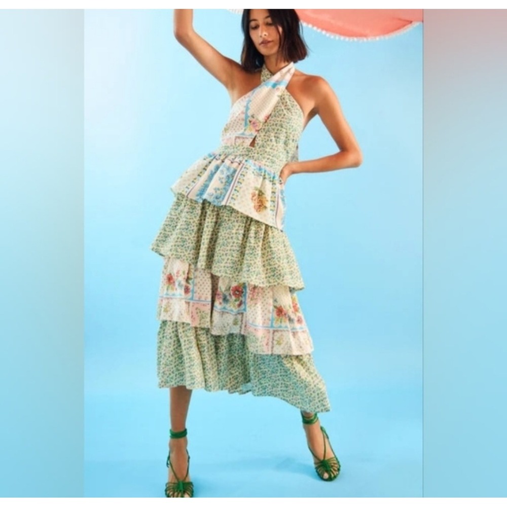 Hunter Bell Jenkins Dress Patchwork Floral Tiered Halter Midi Dress Multi Size 6